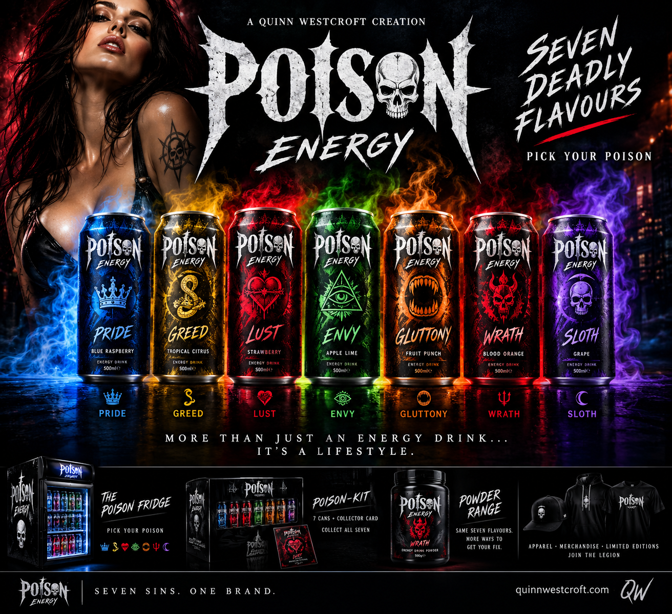 POISON ENERGY promotional campaign featuring the seven deadly flavours